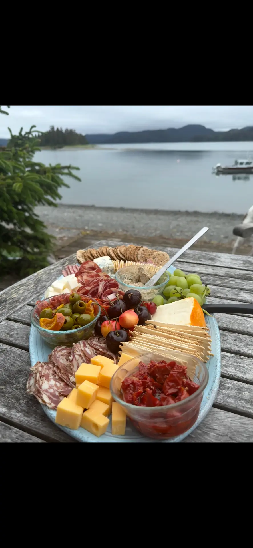 Charcuterie board styled outdoors above an Alaskan cove with cheeses, salami, cherries and grapes — Fireweed & Fig Anchorage grazing